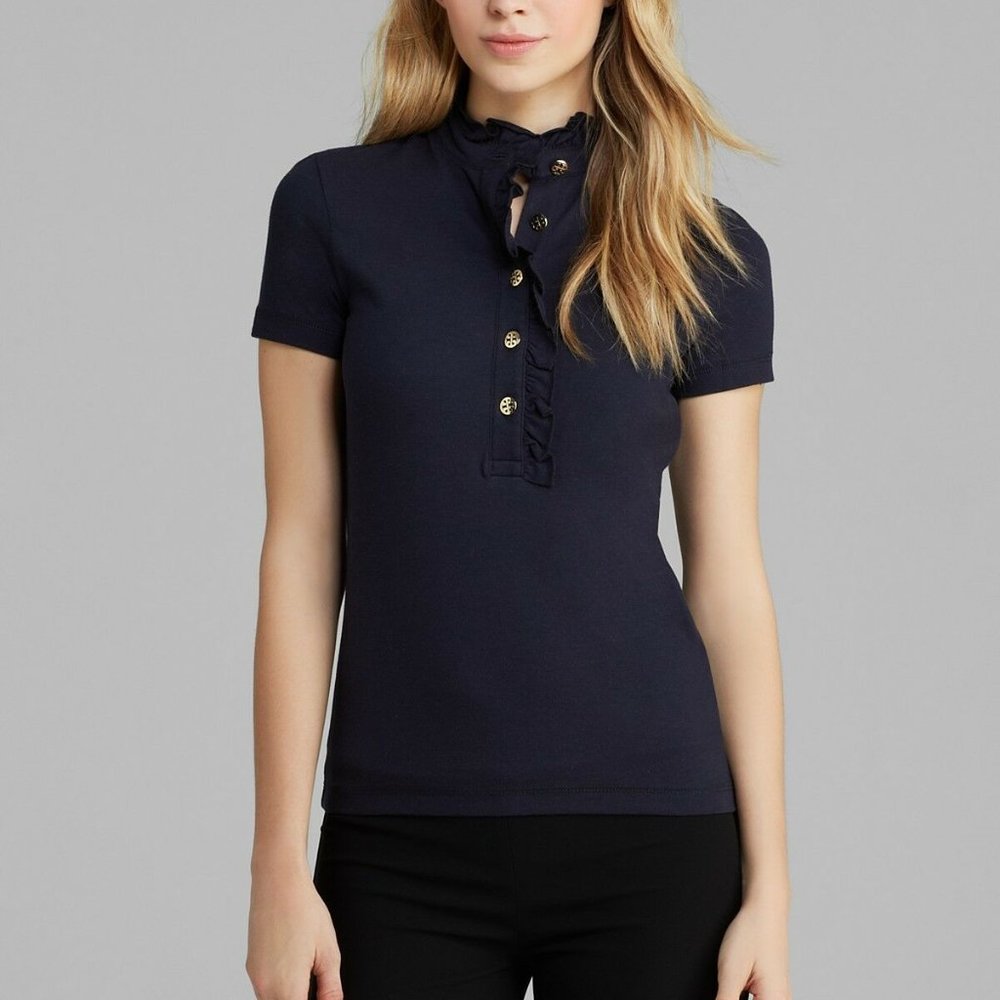 NWT Tory Burch Lidia Short Sleeve Ruffle Polo Shirt Top Navy Size M
